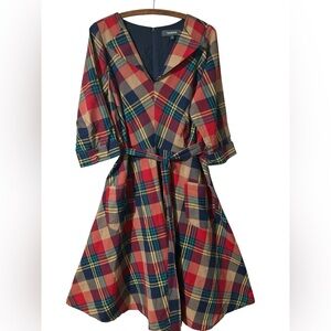 Modcloth Red Navy Tan Plaid Midi Dress with Belt